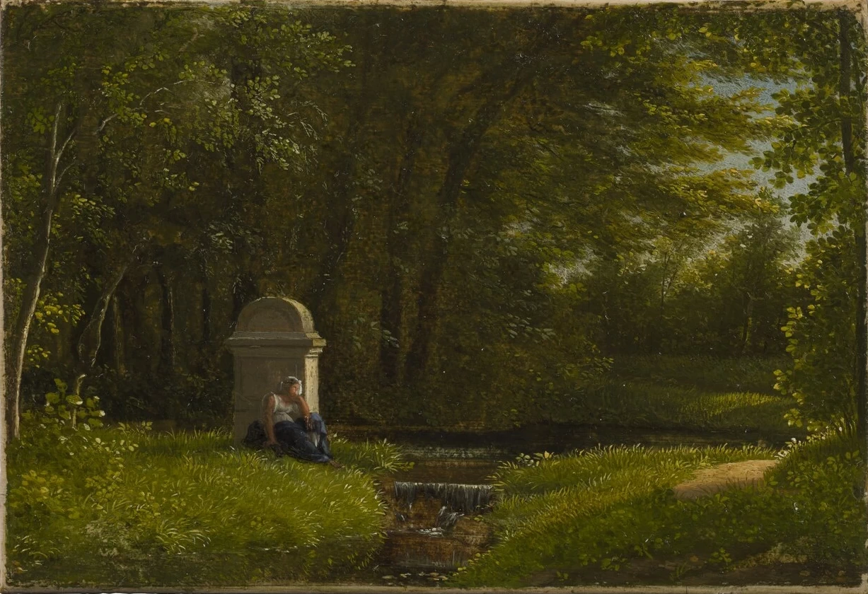 Alexandre Hyacinthe Dunouy - Corso d'acqua nella radura della foresta con altare dedicato all'Amore nel parco settentrionale di Ermenonville, Nationalmuseum, Stoccolma